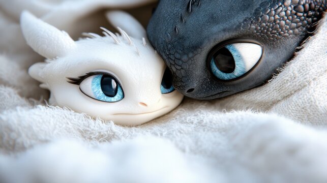 A close up of a baby toothless and a baby dragon laying on top of each other