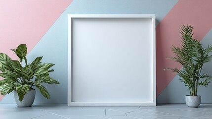 Blank white frame, plants, pastel wall.