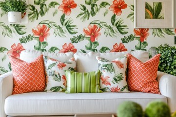 A summer-themed living room with tropical floral wallpaper, bold throw pillows, and greenery accents