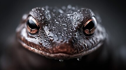  A close up of a frog's face with water droplets on it's eyes