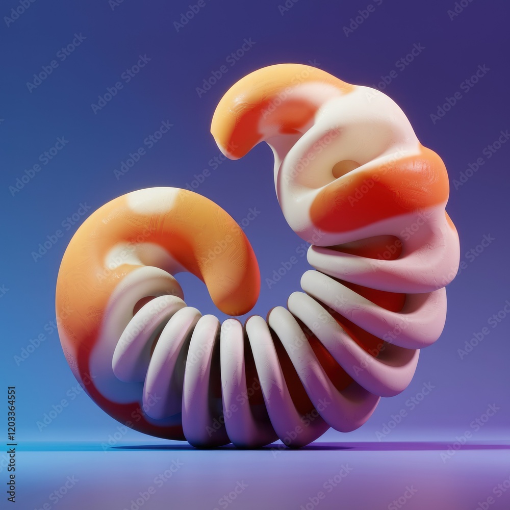 Poster abstract 3d render of a swirling, spiral shape with orange and white colors resembling candy.