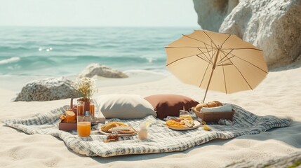 A serene beach picnic setup with blankets, umbrellas, and snacks.