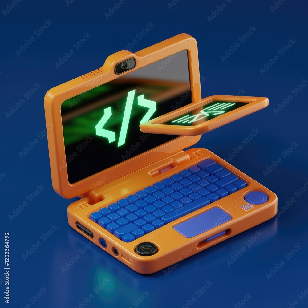 Poster A vibrant orange laptop displays a glowing code symbol, suggesting programming or software development.