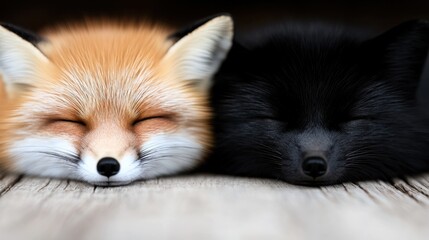 Obraz premium A couple of foxes sleeping next to each other on a wooden surface