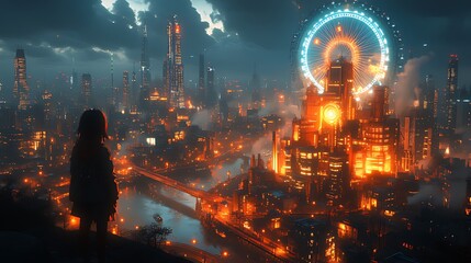 Obraz premium Girl watches futuristic city skyline, fiery buildings, Ferris wheel