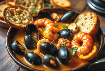 Delicious Seafood Stew with Crusty Bread. Close-up of a hearty seafood stew brimming with shrimp...