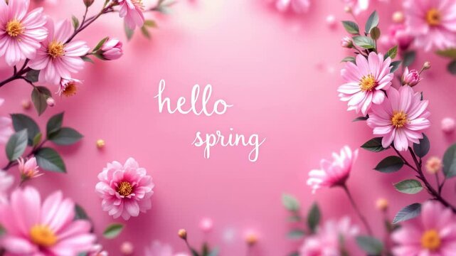 Text hello spring on pink flower background. spring season with plants, leaves and colorful flowers. Begin springtime. Floral spring concept.