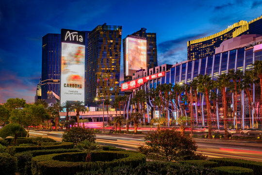 Traffic trails, neon lights on the Strip, hotels and casinos, Las Vegas, Nevada