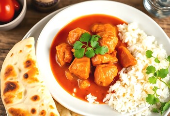Delicious Chicken Curry with Rice and Naan. Close-up of a plate of aromatic chicken curry served with fluffy white rice and a piece of naan bread