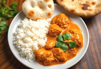 Delicious Chicken Tikka Masala with Rice and Naan. A close-up view of a plate of Chicken Tikka Masala served with fluffy white rice and a piece of naan