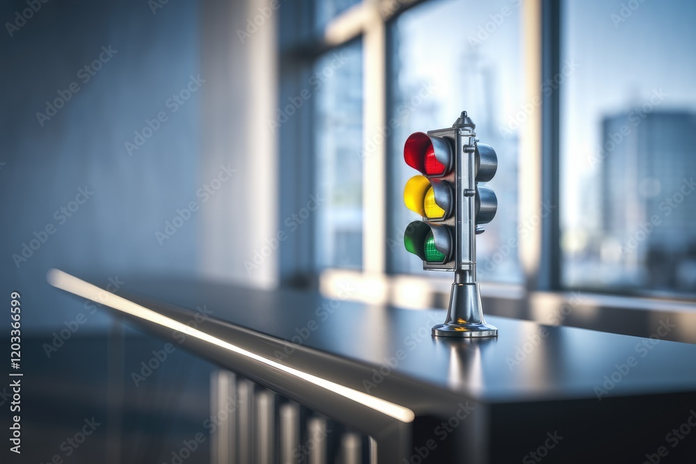 Poster miniature traffic light on a sleek counter, symbolizing control, timing, and decision-making in a mo