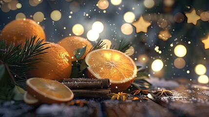 Fototapeta premium oranges, cinnamon sticks, and pine leaves 