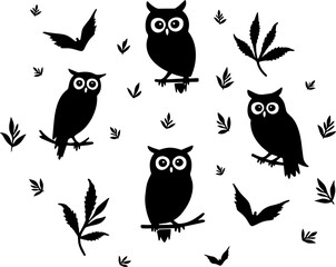 Fototapeta premium Owl silhouette gathering nature illustration forest aerial view, isolate white background