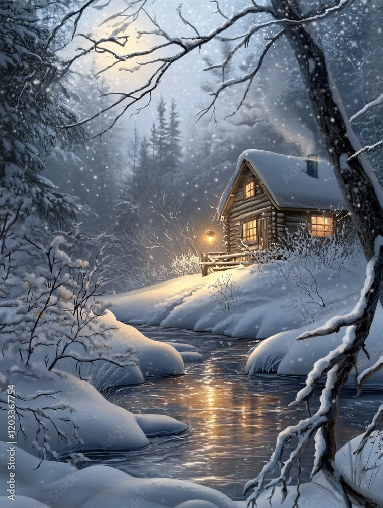 Wall mural Cozy wooden cabin illuminated serene snowy forest night icy stream reflecting warm light winter landscape peaceful solitude nature rustic soft chilly crisp quiet frozen wood wallpaper print Christmas