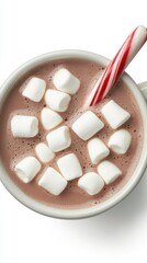** Cozy Hot Chocolate with Marshmallows and Candy Cane in White Mug on White Background - Perfect Winter Beverage..**