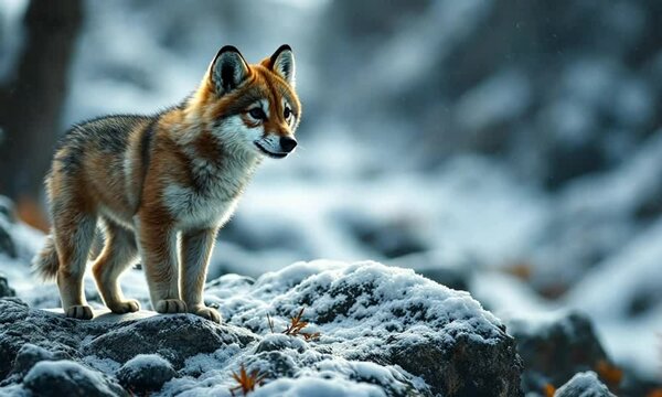 A vibrant red fox perched on a frosty hill, gazing across the snowy terrain with a focused expression.