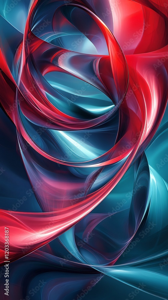 Poster striking combination of red and teal flowing curves with dynamic fluid lines and soft gradients that