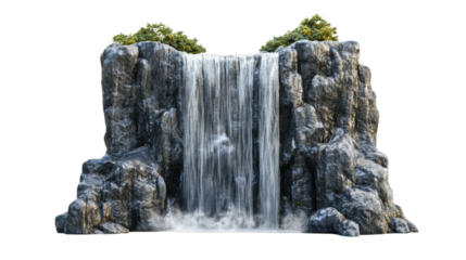 A tall cascading waterfall with mist rising around it, isolated on a white background. 