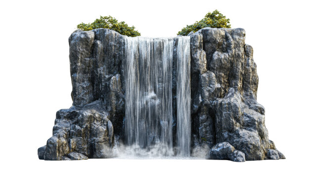 A tall cascading waterfall with mist rising around it, isolated on a white background. 