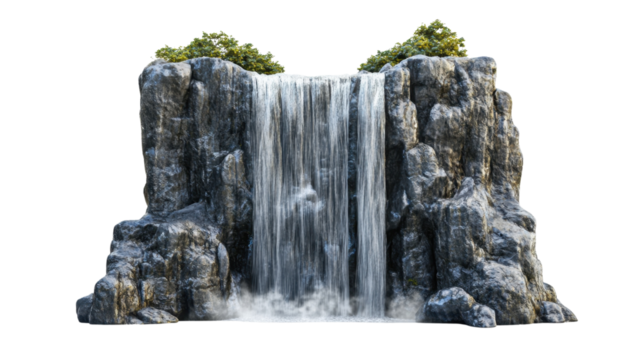A tall cascading waterfall with mist rising around it, isolated on a white background. 