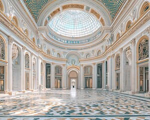 Obraz premium Grand hall with glass dome, marble floor, and ornate columns.