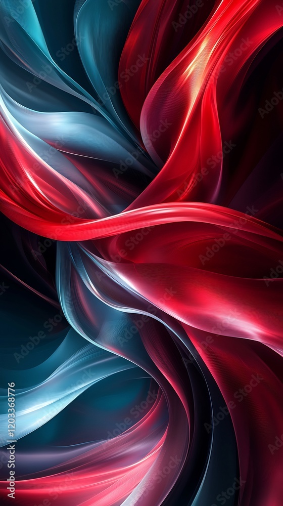 Poster striking combination of red and teal flowing curves with dynamic fluid lines and soft gradients that