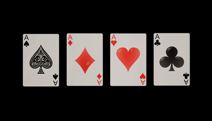 Set of all four suits of aces playing cards including hearts, diamonds, clubs and spades 