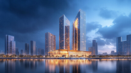 Naklejka premium Skyscrapers in Downtown City with Modern Architecture at Dusk