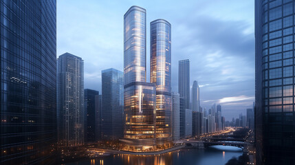 Fototapeta premium Skyscrapers in Downtown City with Modern Architecture at Dusk