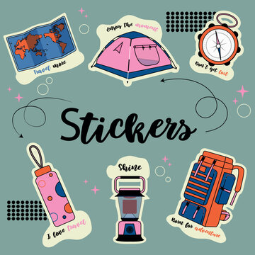 Travel stickers.  Vector illustration.  tent compass map backpack lamp. Zelt Kompass Karte Rucksack Lampe. Reise stickers . 
