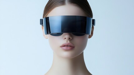 close up face woman wearing futuristic black glasses 