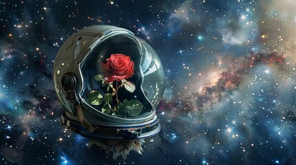 Fototapeta premium An astronaut helmet, fractured and damaged, with a beautiful rose growing inside, surrounded by stars, galaxies, and nebulae, rendered in hyper detail with hdr