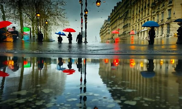 Rainy Paris street scene with umbrellas and reflections