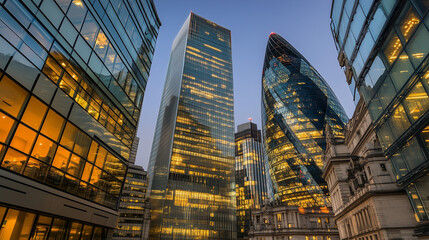 Skyscrapers in Downtown City with Modern Architecture at Dusk