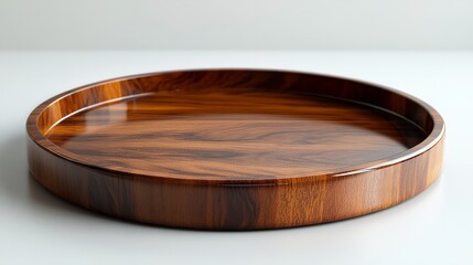Polished round wooden tray with a glossy finish on a plain white surface, warm lighting