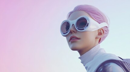 retro futurism portrait, woman wearing big futuristic eyeglasses with light glow background