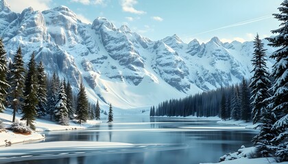 Majestic Winter Landscape: Frozen Lake Nestled Among Snow-Clad Mountains