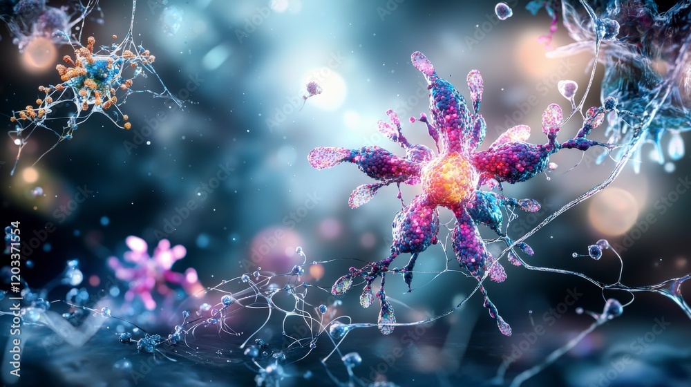 Poster conscious cell transformation evolving cells in a microscopic environment scientific illustration at