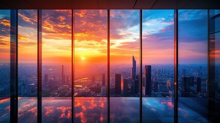 Beautiful sunset view from office window over city with clear sky and colorful clouds