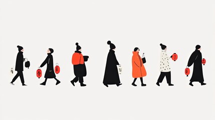 Fototapeta premium Minimalist Illustration of People Walking with Red Lanterns in Winter Clothing on a White Background