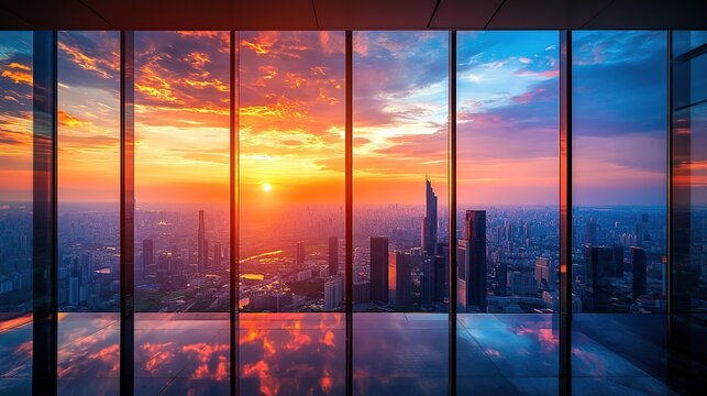 Fototapeta Beautiful sunset view from office window over city with clear sky and colorful clouds