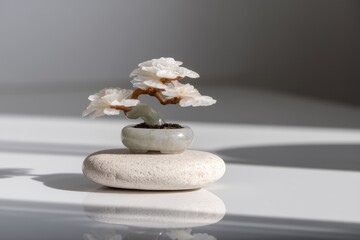 Elegant white gemstone bonsai tree, serene and peaceful, miniature zen garden.