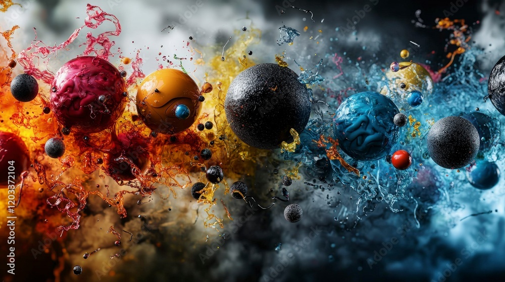 Poster Dynamic emotion exploration through colorful planetary layers abstract art digital realm vibrant atmosphere