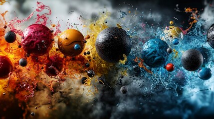 Dynamic emotion exploration through colorful planetary layers abstract art digital realm vibrant atmosphere