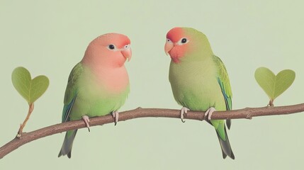 Colorful Lovebirds Perched on Branch with Heart-Shaped Leaves Against Soft Green Background