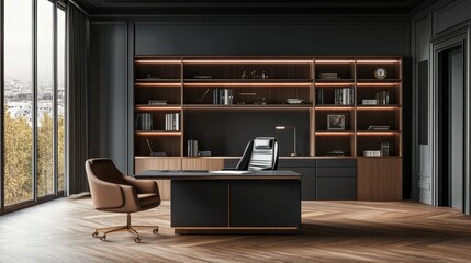 A modern office interior with a desk, chair, and shelving units against a dark wall on a wooden floor, concept of a corporate workspace.