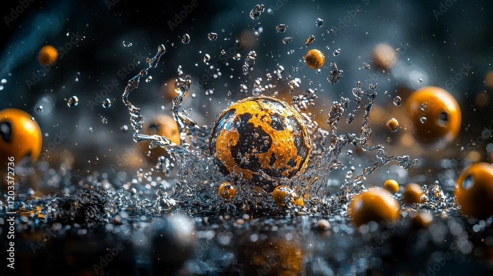 Poster Cosmic emotion splash orange globes in water abstract art studio setting close-up fluid dynamics concept