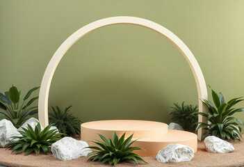 Minimalist podium with circular white marble platform and green palm leaves, soft beige curtain background. Modern design concept
