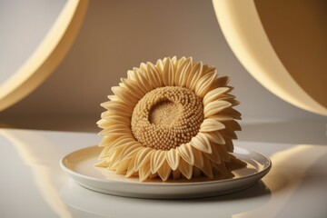 Intricate sunflower sculpture crafted from pale yellow material, delicately placed on a white plate.
