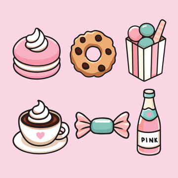Cute Drawing of Dessert cake cookies candies coffee drinks